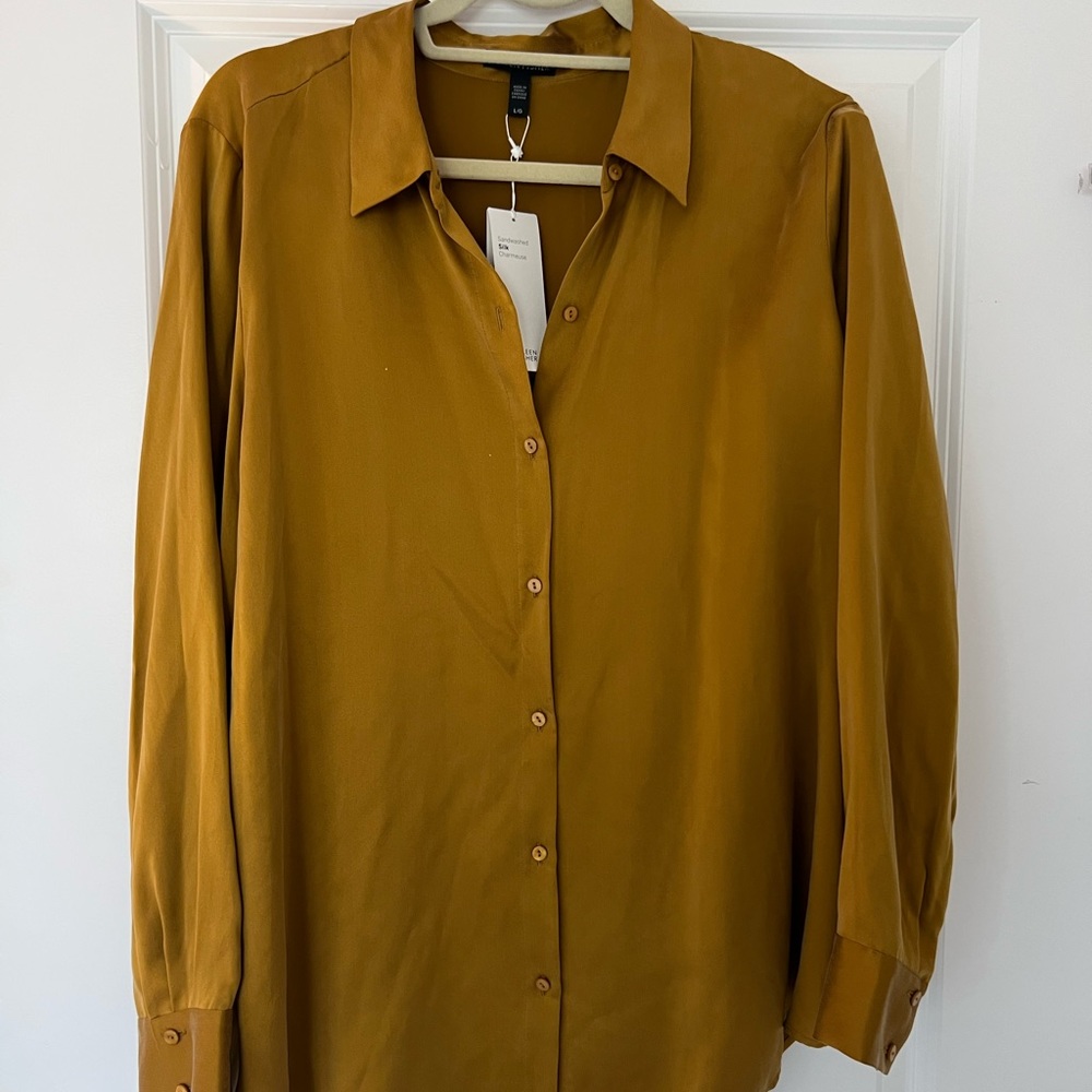 NWT Eileen Fisher Silk Shirt, Size L. Dark mustard with gold sheen.